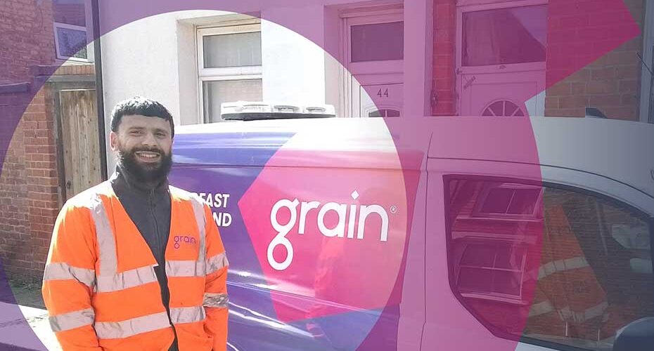 Engineer with van celebrating fastest install for Grain Full Fibre broadband